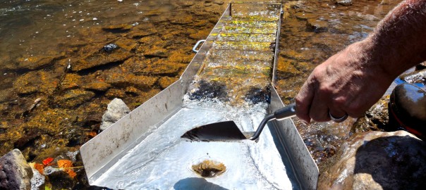 Gold panning with a sluice box in a river